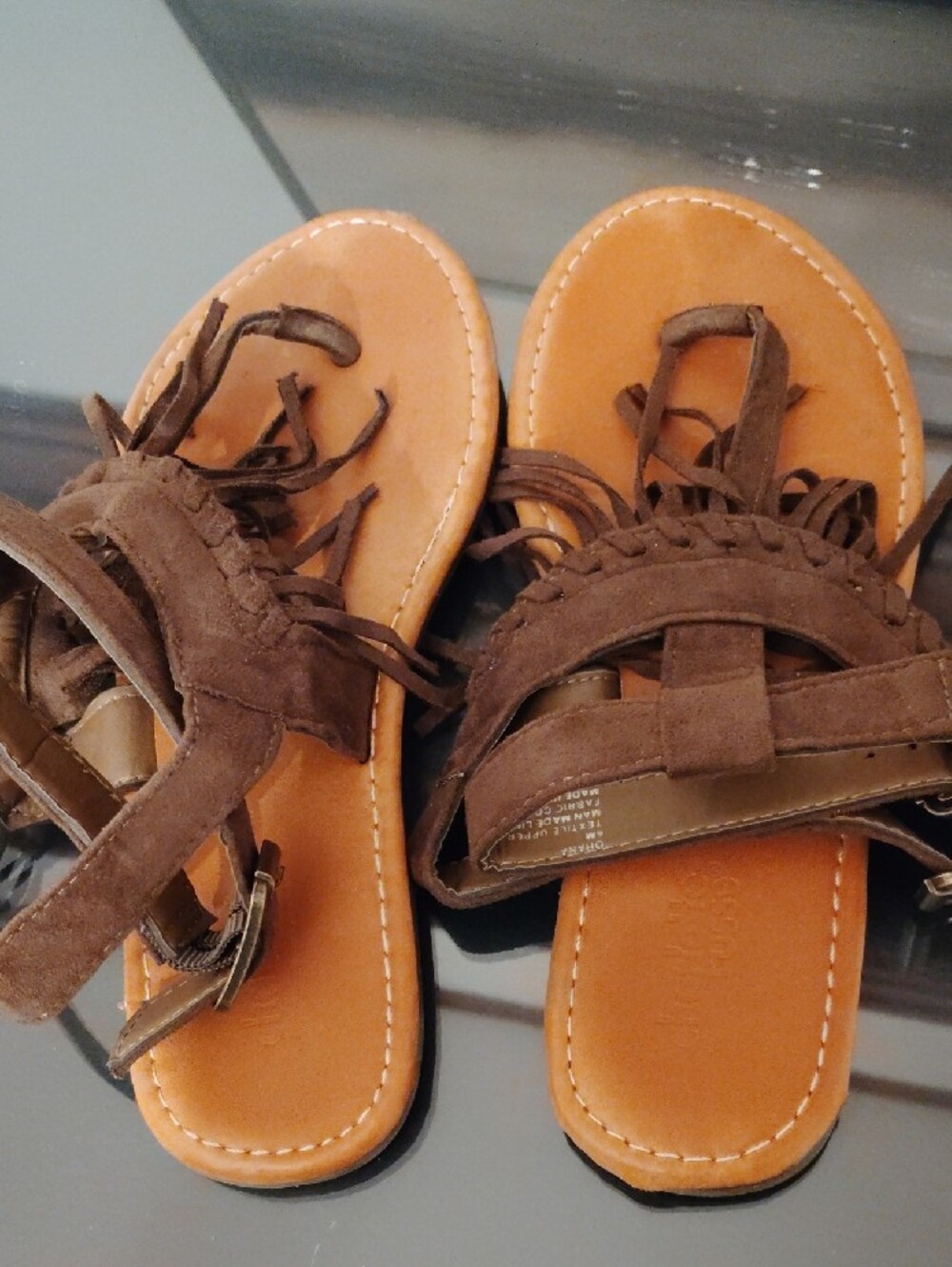 Kids Brown/Olive Green Fringe Sandals - Picture 3 of 4